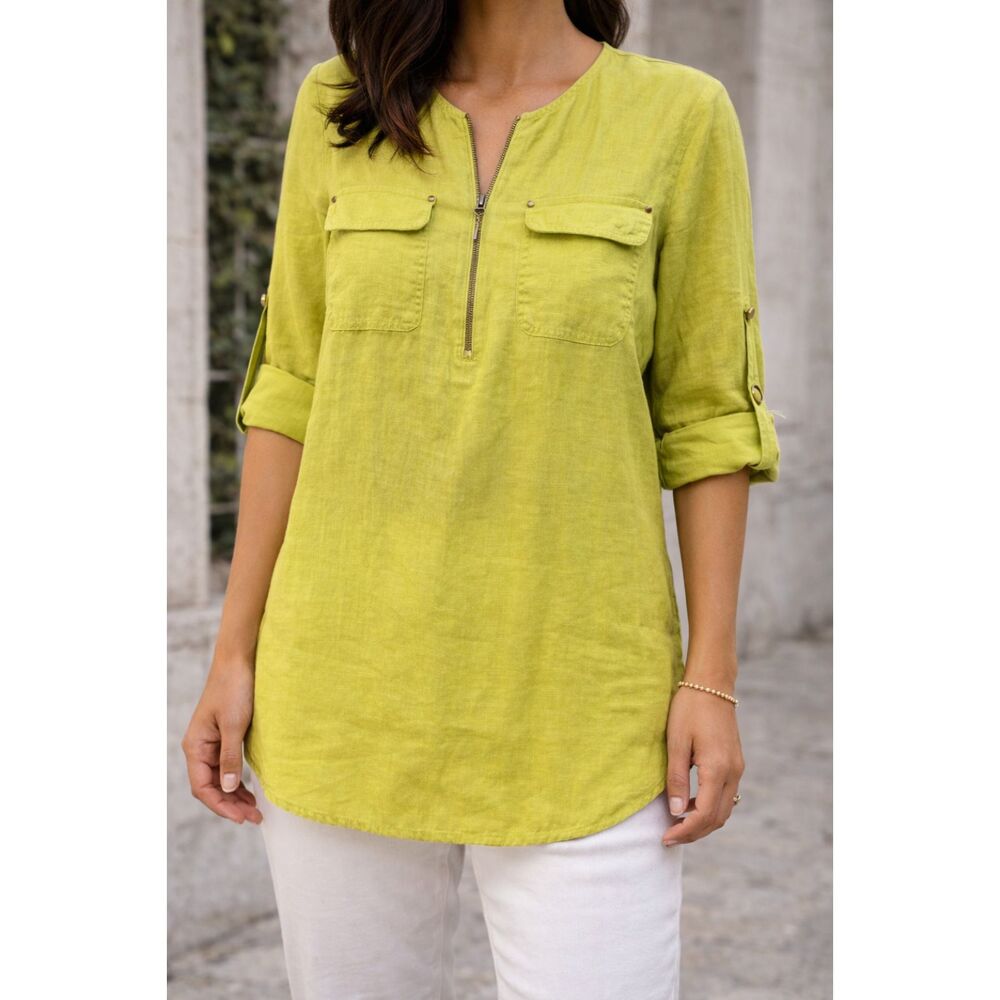 100% Linen Ellen Tracy Company Zip Front Tunic Top Citrine Utility Blouse Size S